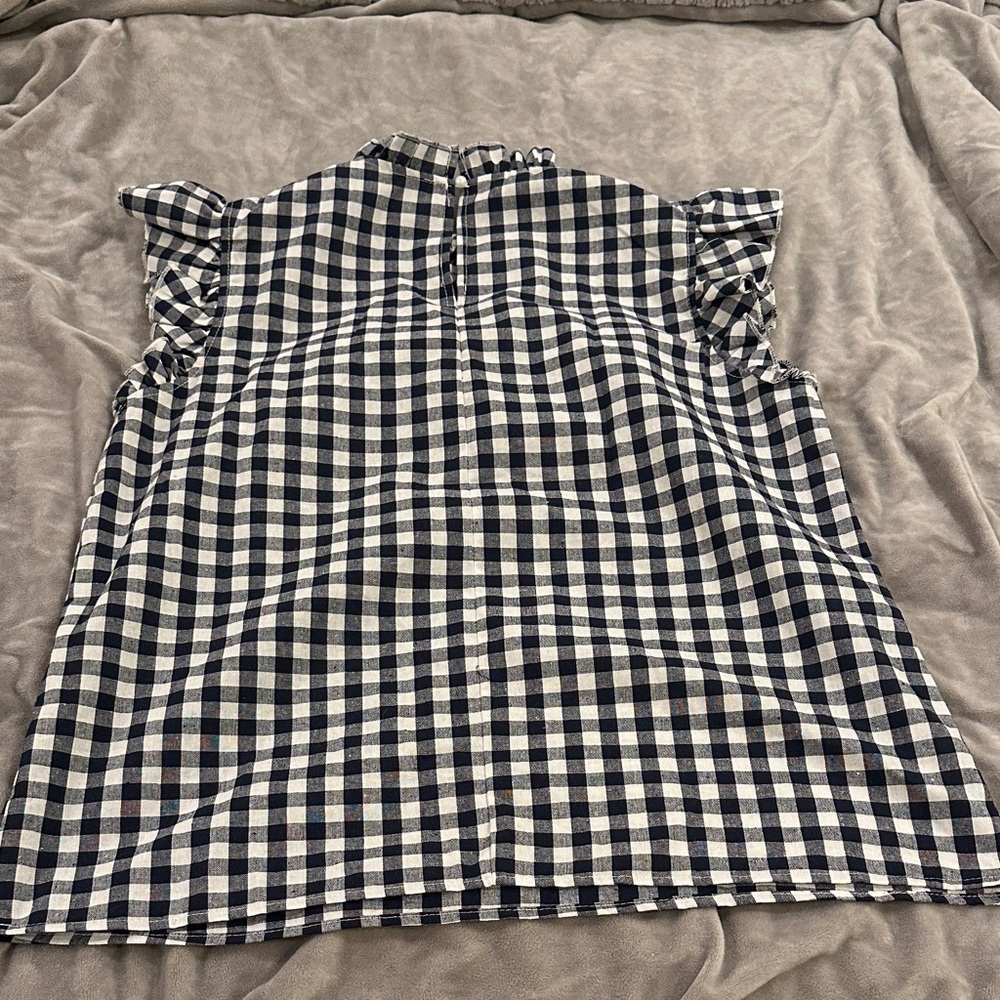 Navy White Gingham Blouse Blue Checkered Short Sleeve Top - M - Picture 3 of 3